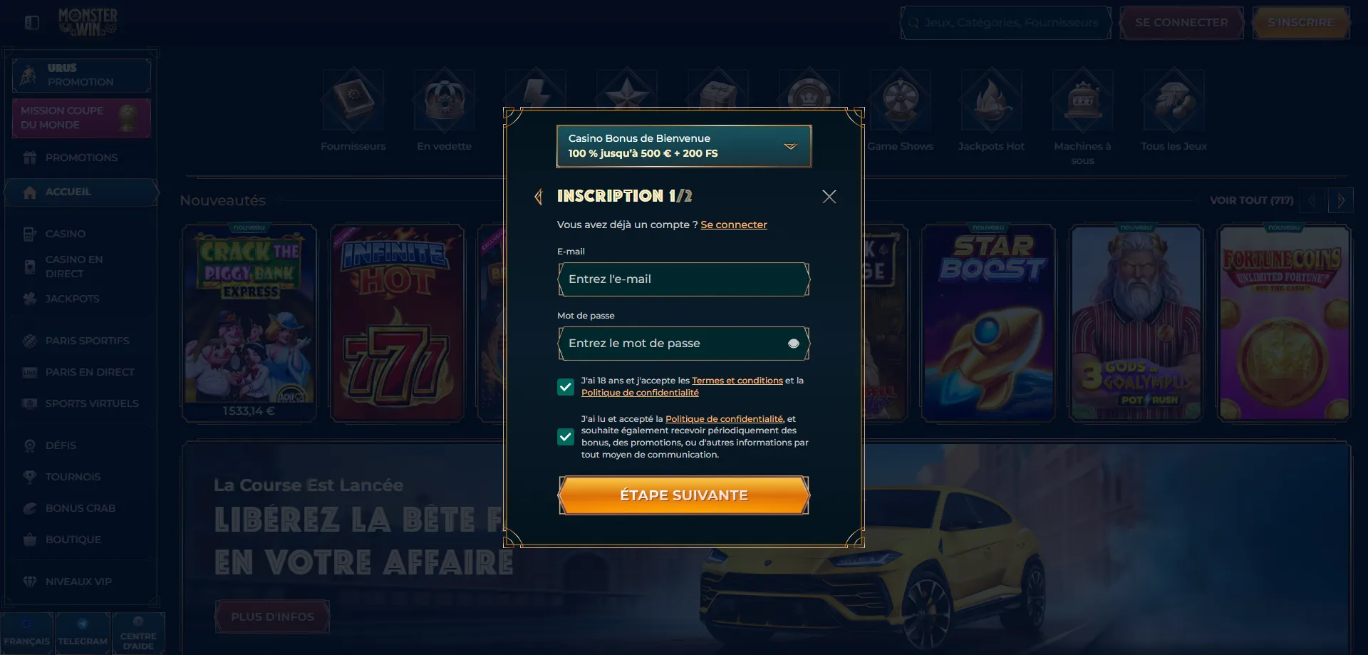monsterwin-register Registrazione Monsterwin casino creare account nuovo utente Italia