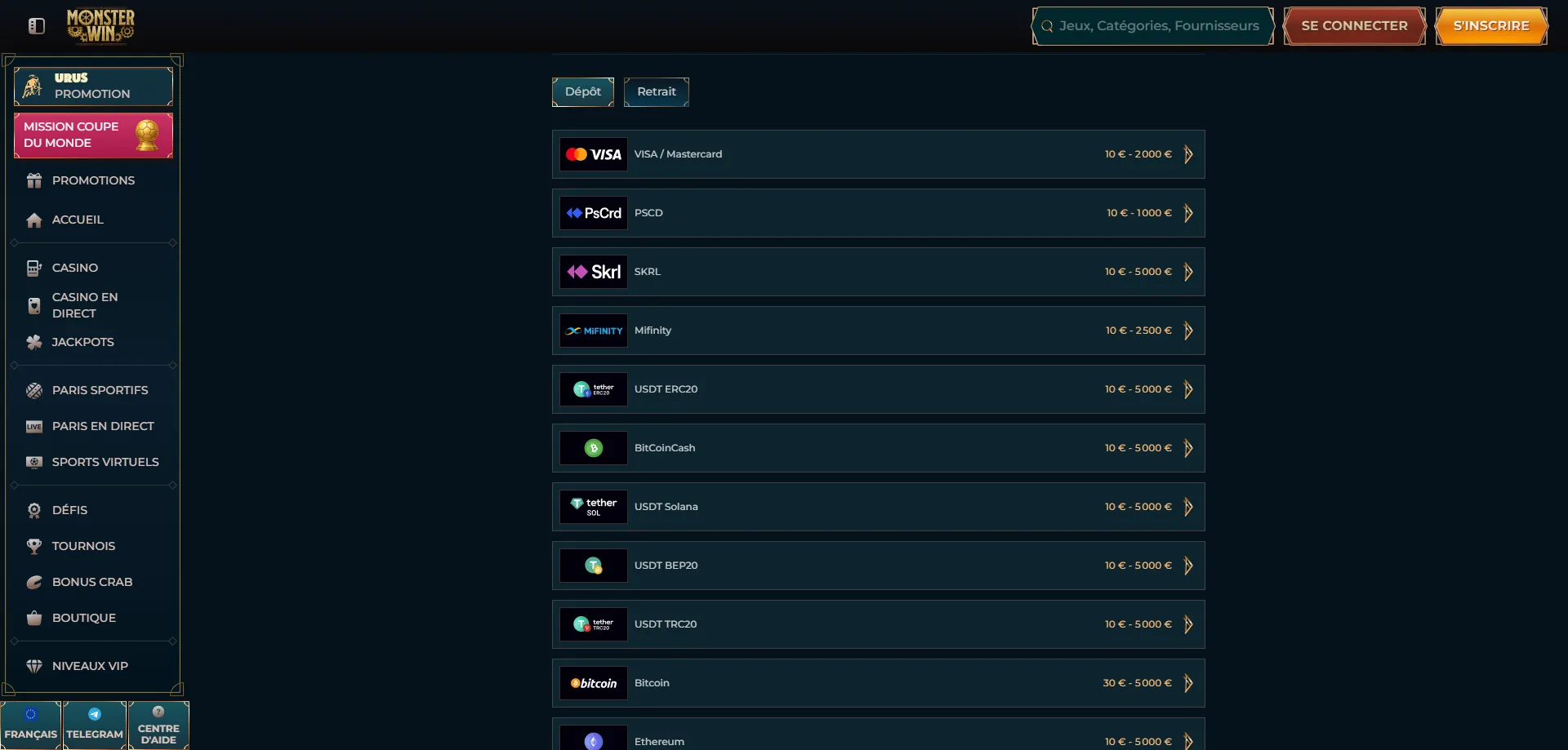 Metodi di pagamento Monsterwin deposito prelievo veloce Italia